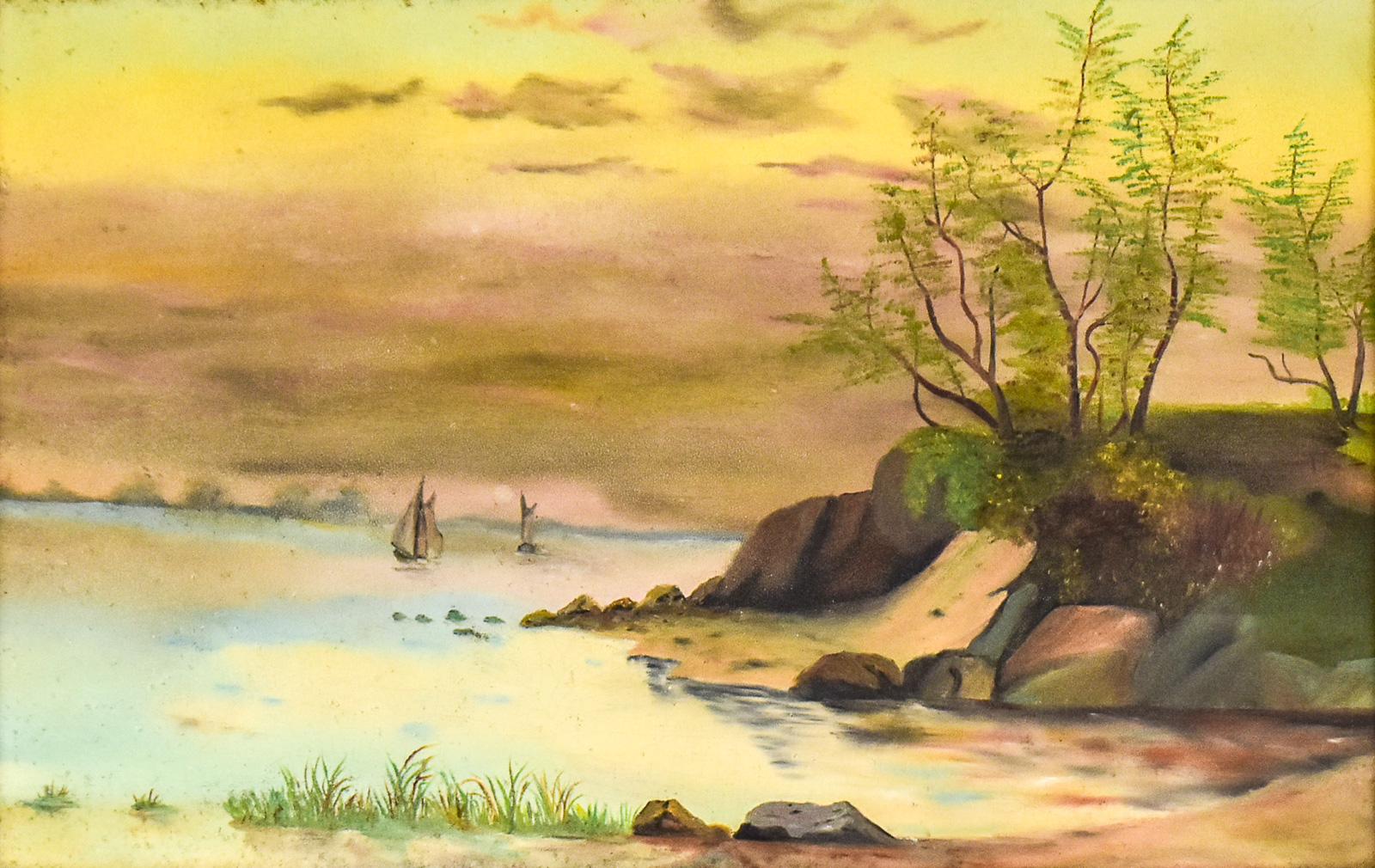 'SAILBOATS AT SUNSET' OIL PAINTING