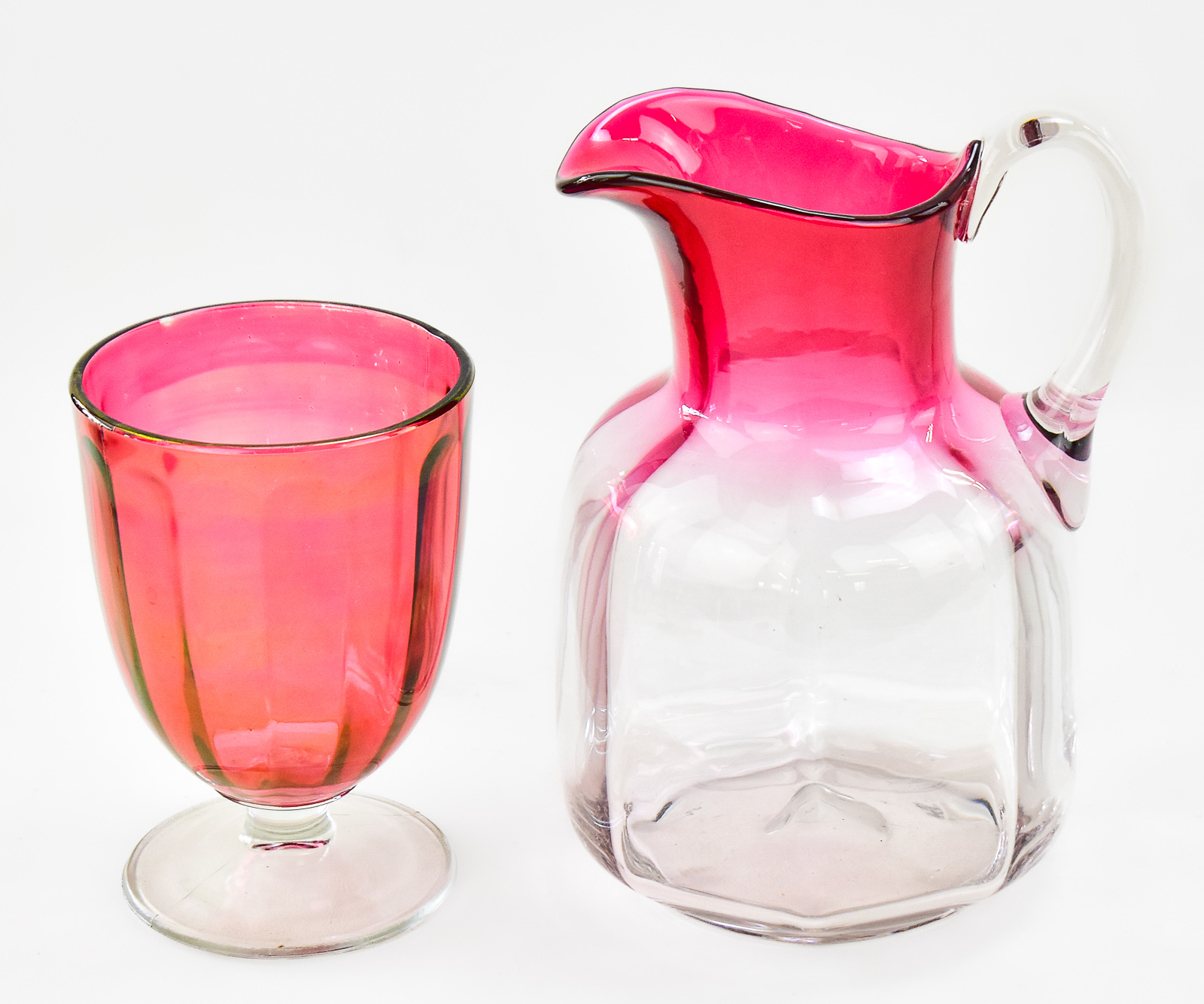 VICTORIAN HAND BLOWN CRABERRY TO CLEAR PITCHER AND GLASS