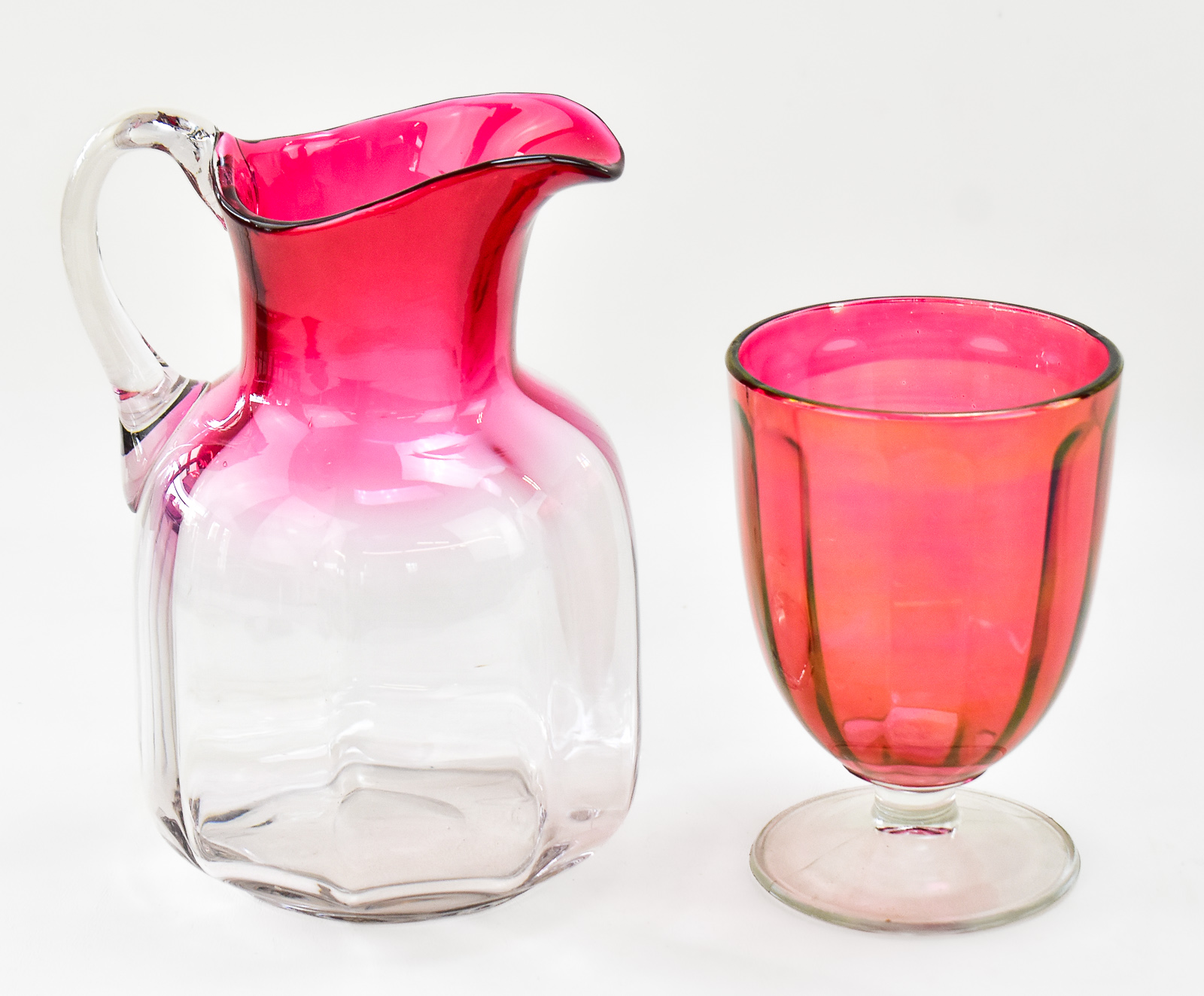 VICTORIAN HAND BLOWN CRABERRY TO CLEAR PITCHER AND GLASS