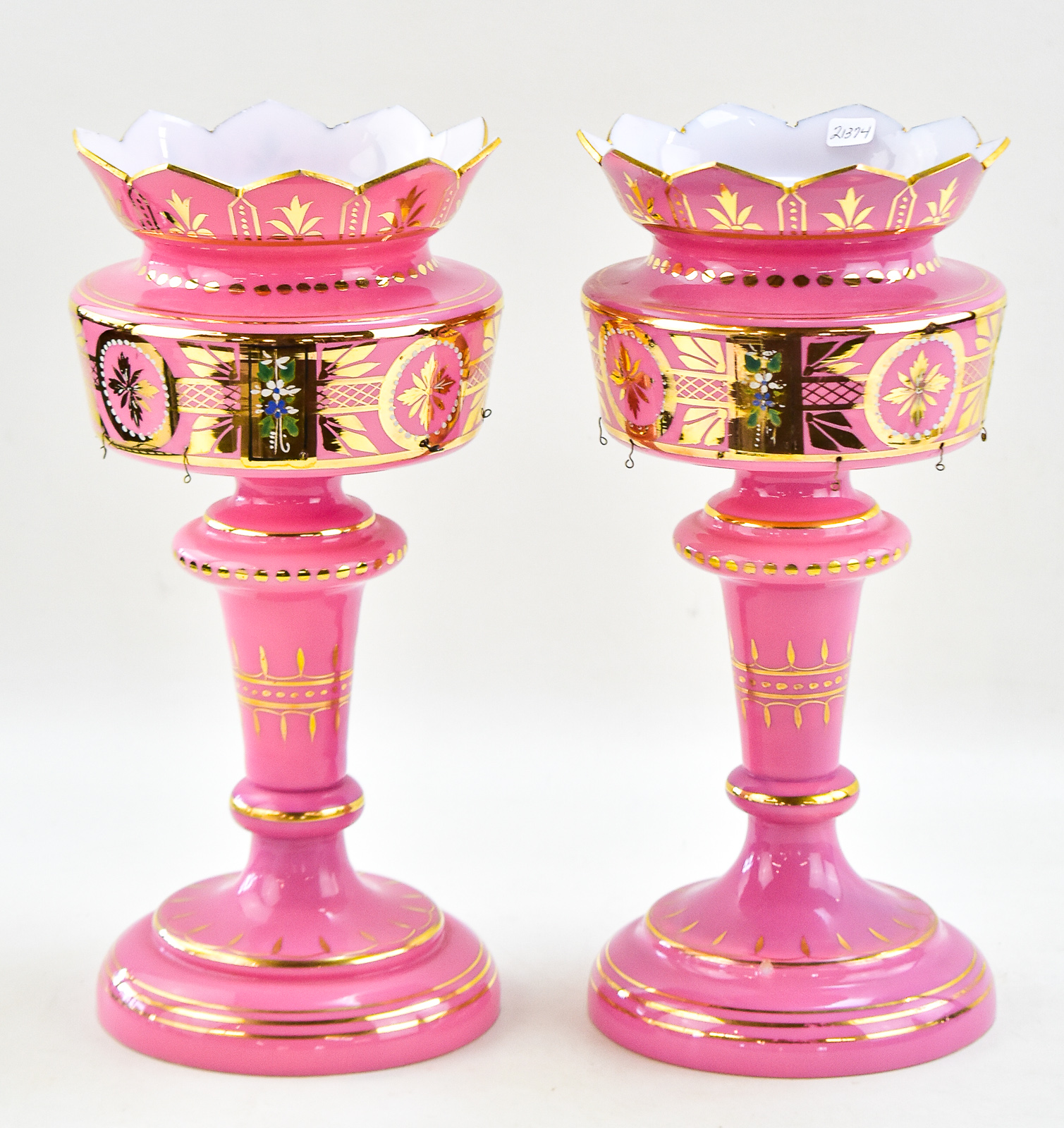BOHEMIAN PINK OPALINE MANTEL LUSTER PAIR
