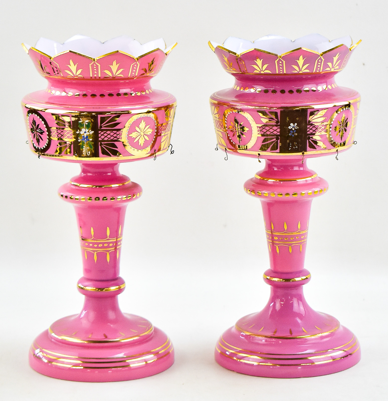 BOHEMIAN PINK OPALINE MANTEL LUSTER PAIR