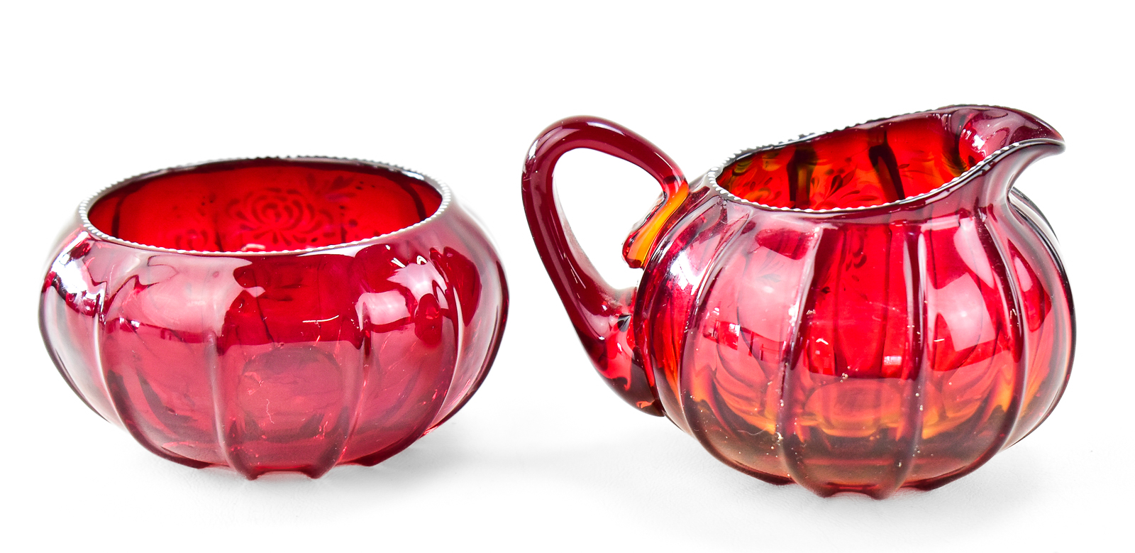 PAIRPOINT RUBY GLASS CREAMER AND SUGAR DISH