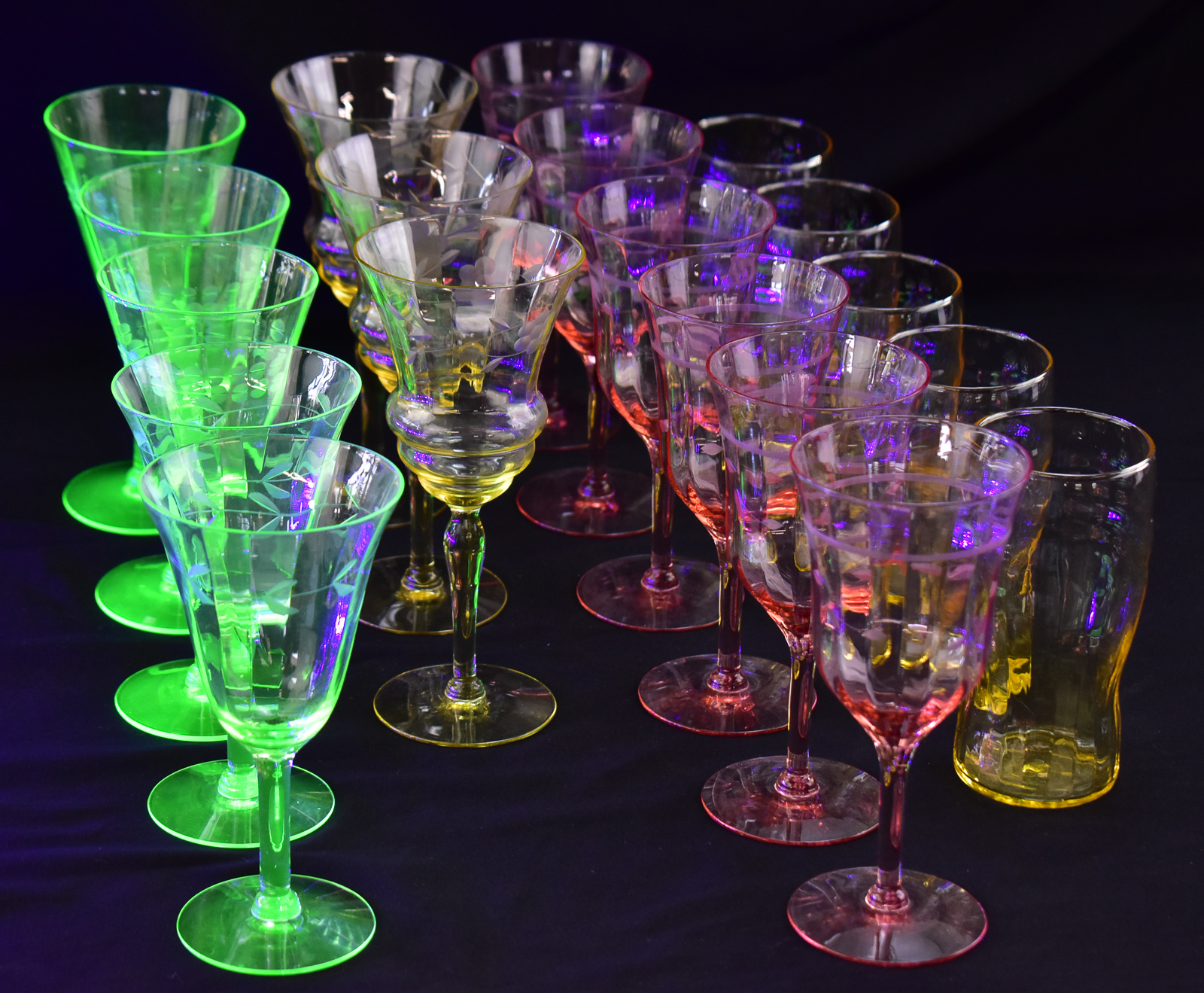 MULTI-COLOR DEPRESSION GLASS STEMWARE & DRINKING GLASSES