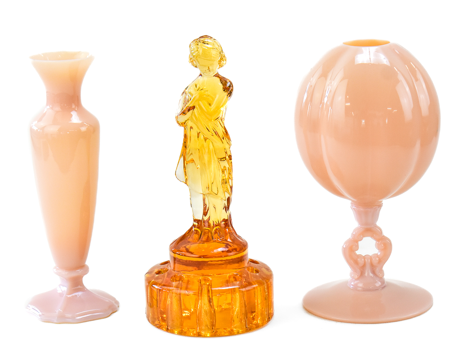 CAMBRIDGE GLASS VASE TRIO: BUD VASE, IVY BALL VASE, FLOWER FROG