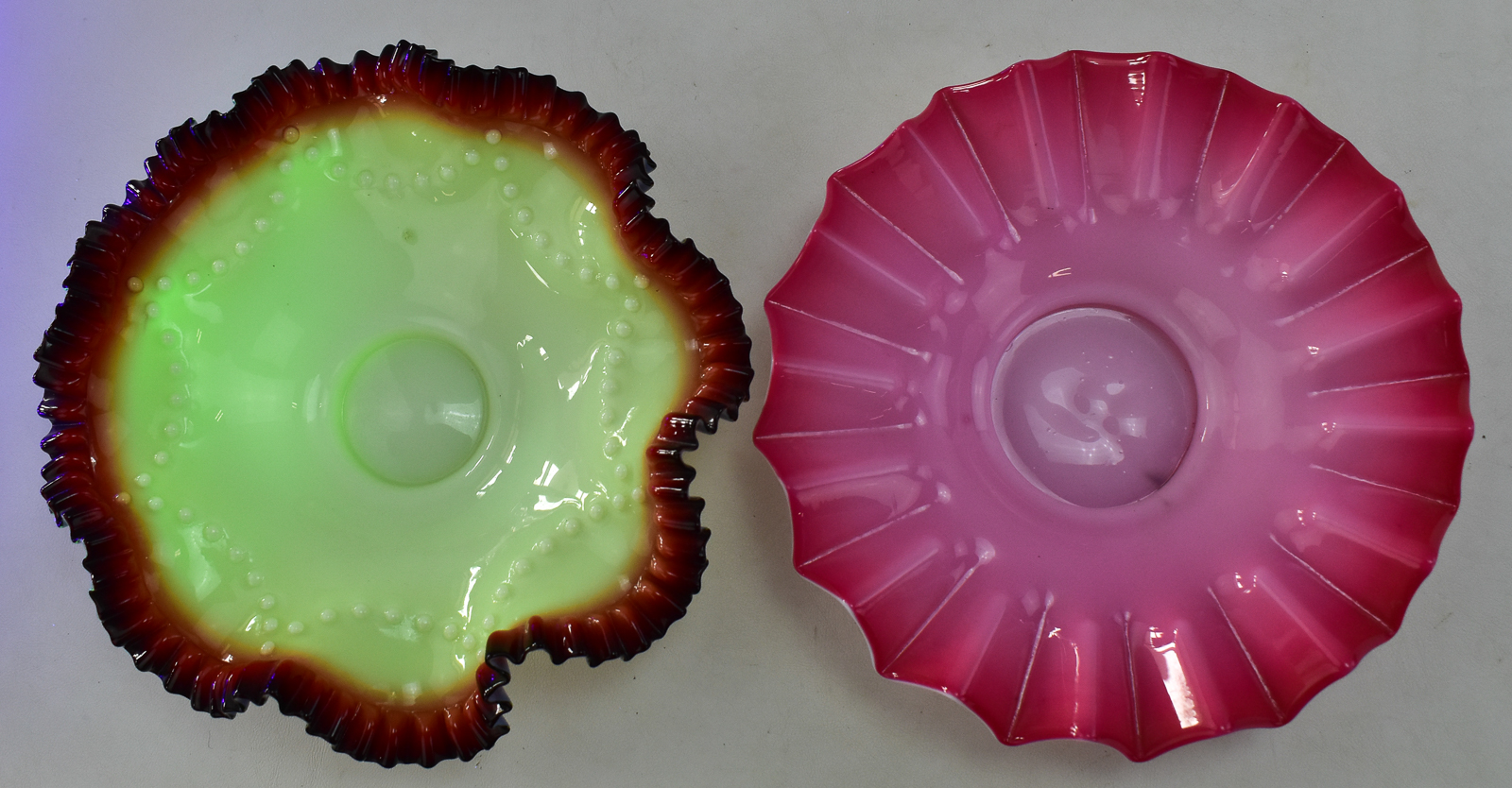 VICTORIAN GLASS BRIDE'S BASKET BOWLS: CUSTARD URANIUM GLASS
