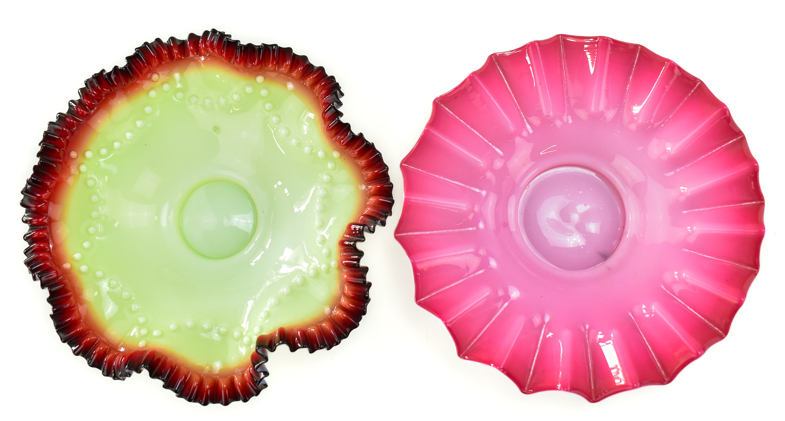 VICTORIAN GLASS BRIDE'S BASKET BOWLS: CUSTARD URANIUM GLASS