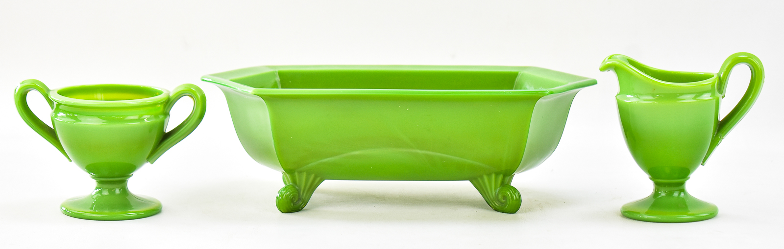 CAMBRIDGE GLASS "AVOCADO" GLASS SUGAR, CREAMER, AND FOOTED BOWL