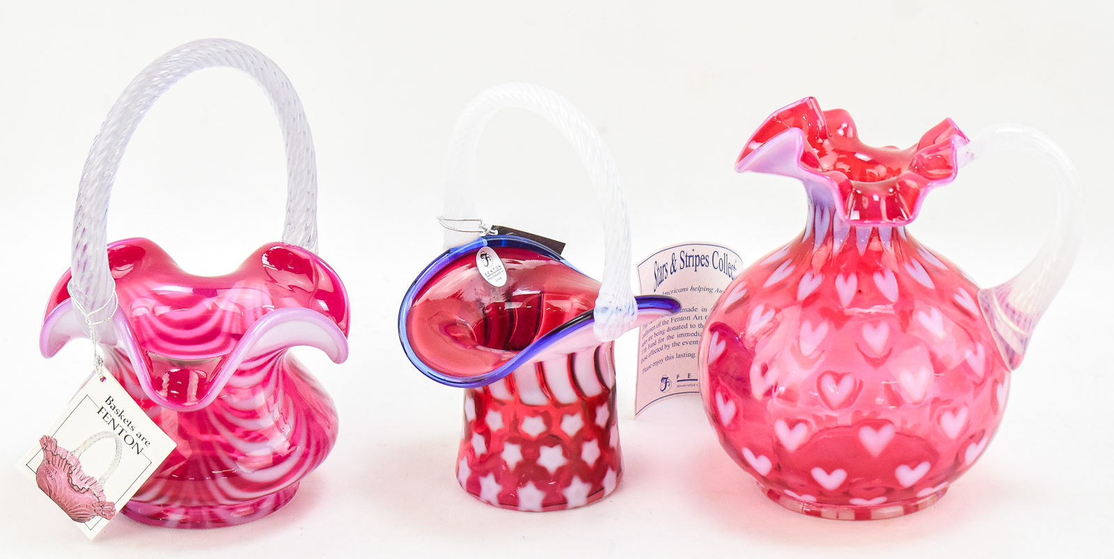FENTON CRANBERRY GLASS ASSORTMENT: PITCHER AND BASKETS