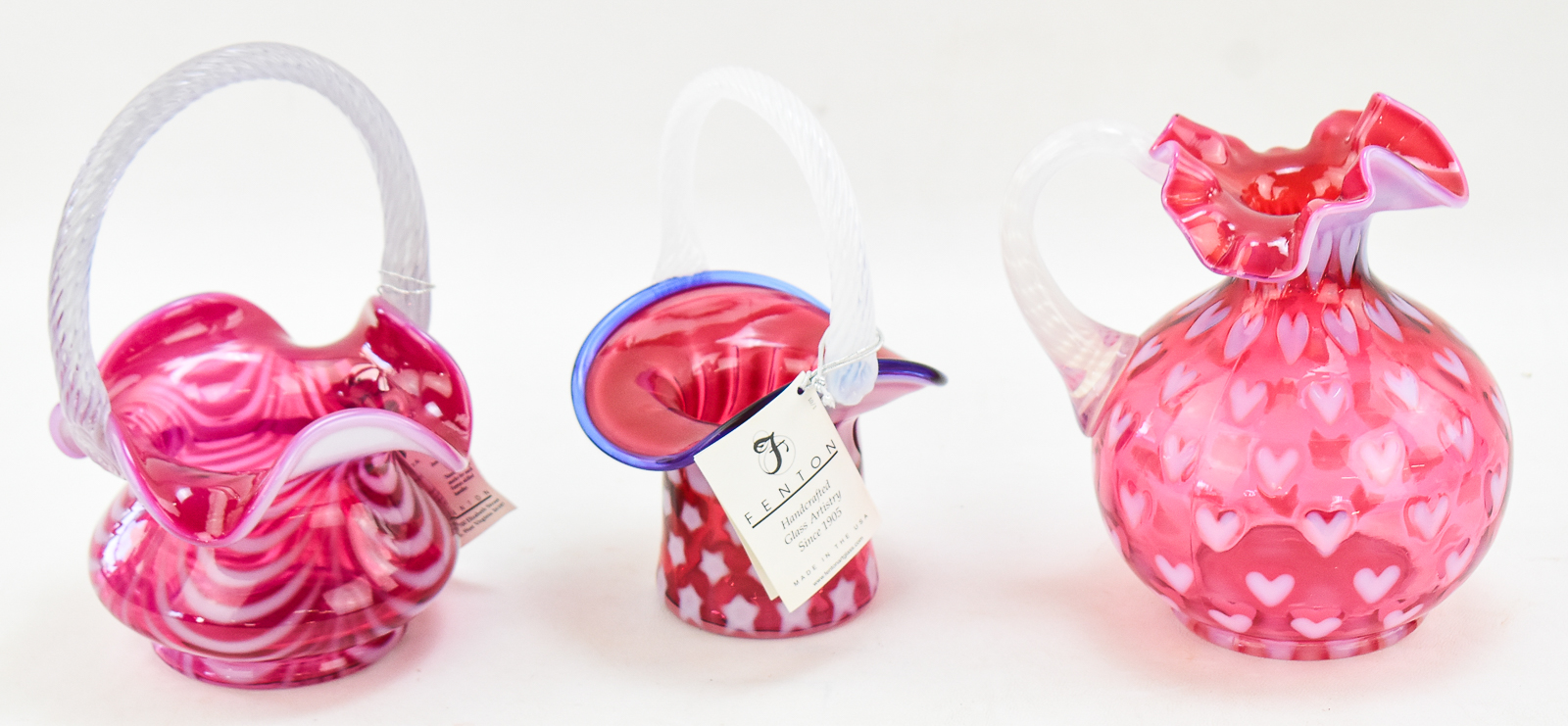 FENTON CRANBERRY GLASS ASSORTMENT: PITCHER AND BASKETS