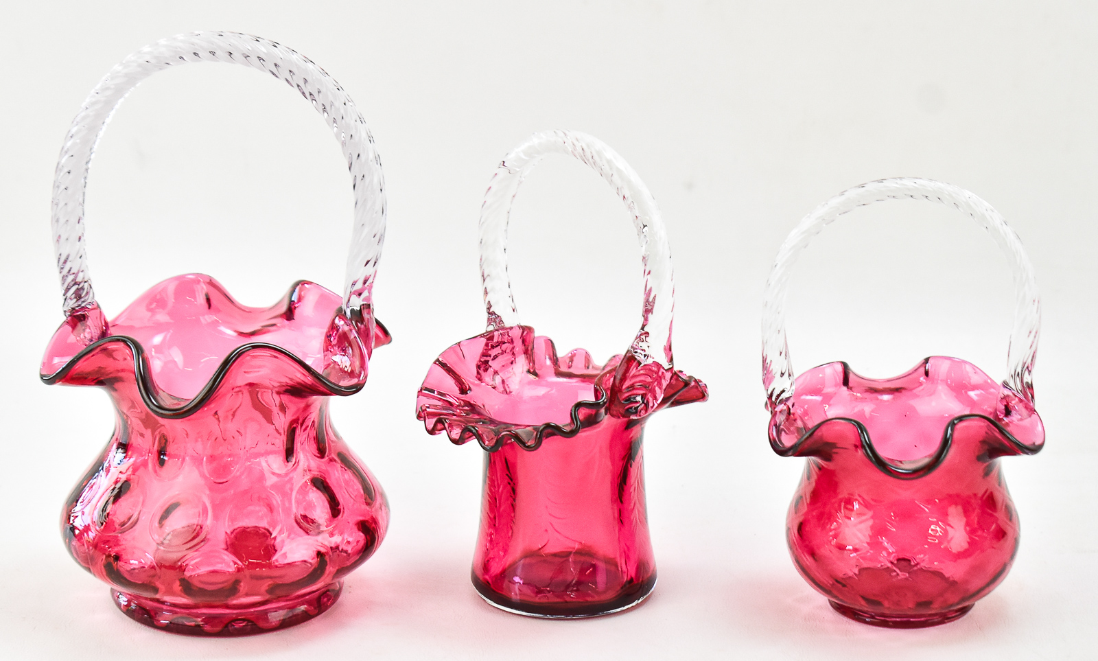 TRIO OF FENTON CRANBERRY GLASS BASKETS