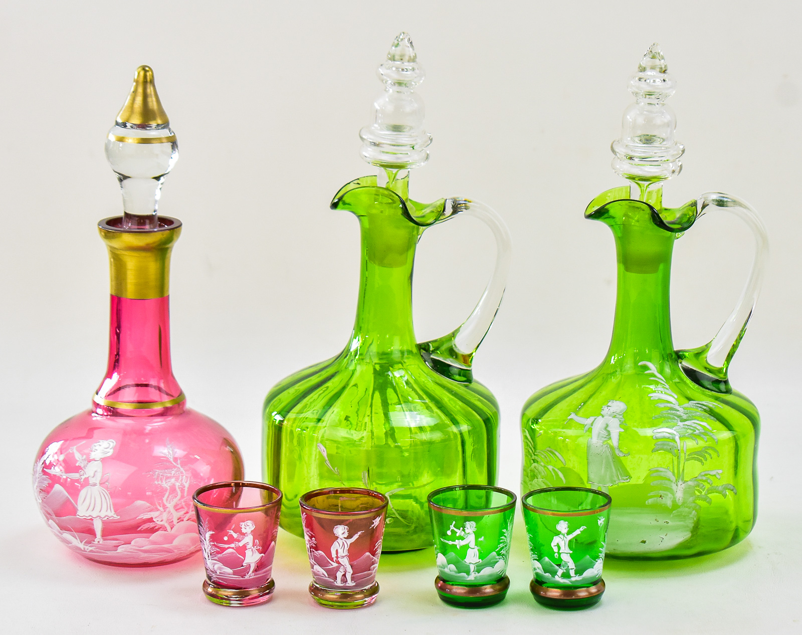 VICTORIAN MARY GREGORY STYLE DECANTERS AND SHOT GLASSES
