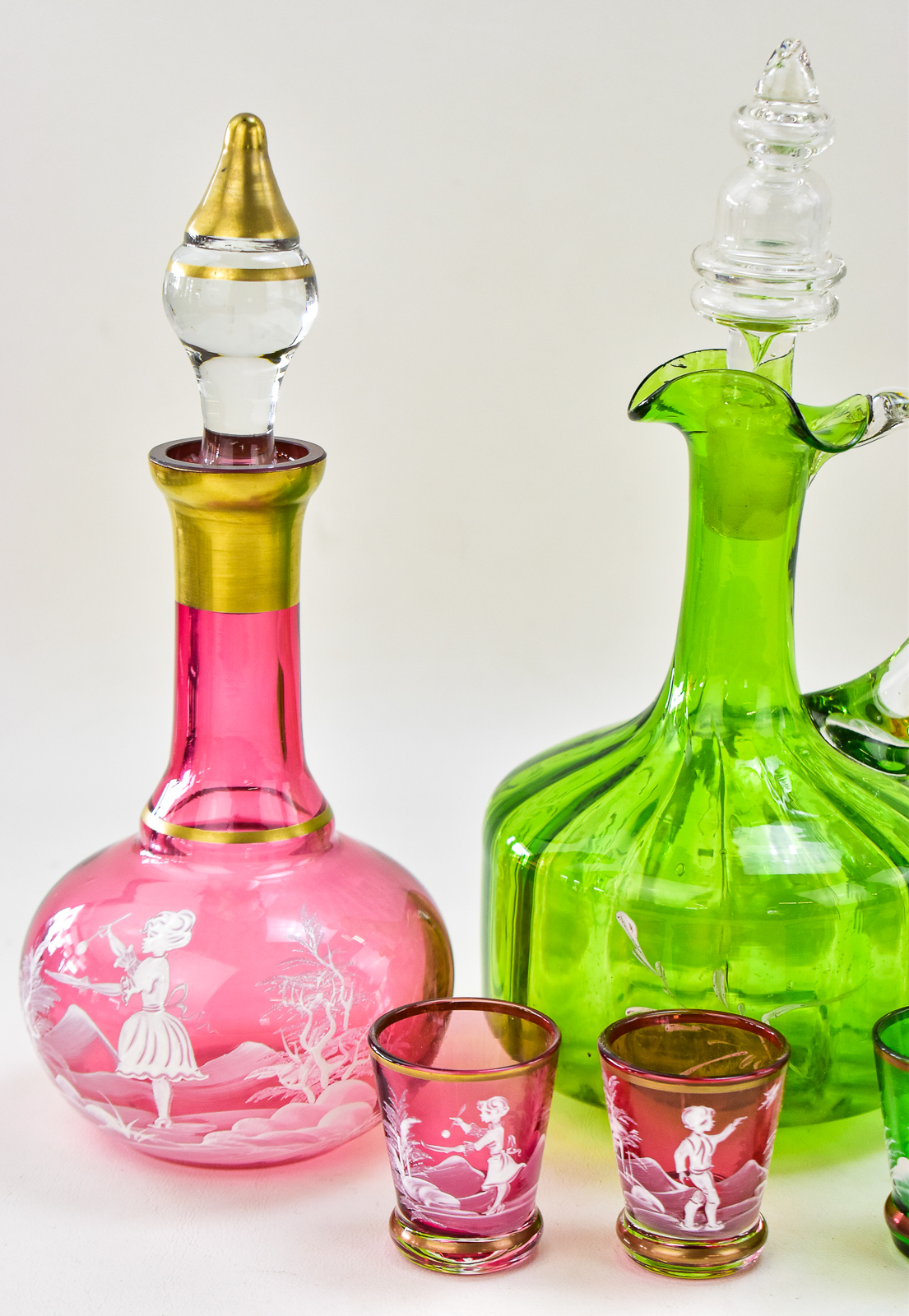 VICTORIAN MARY GREGORY STYLE DECANTERS AND SHOT GLASSES