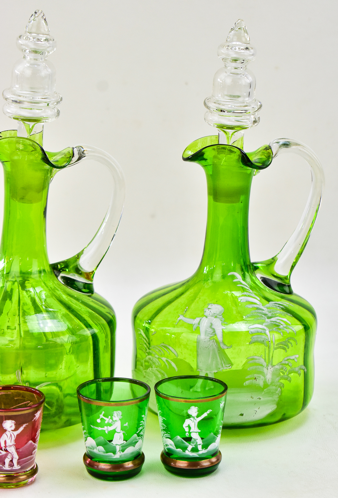 VICTORIAN MARY GREGORY STYLE DECANTERS AND SHOT GLASSES