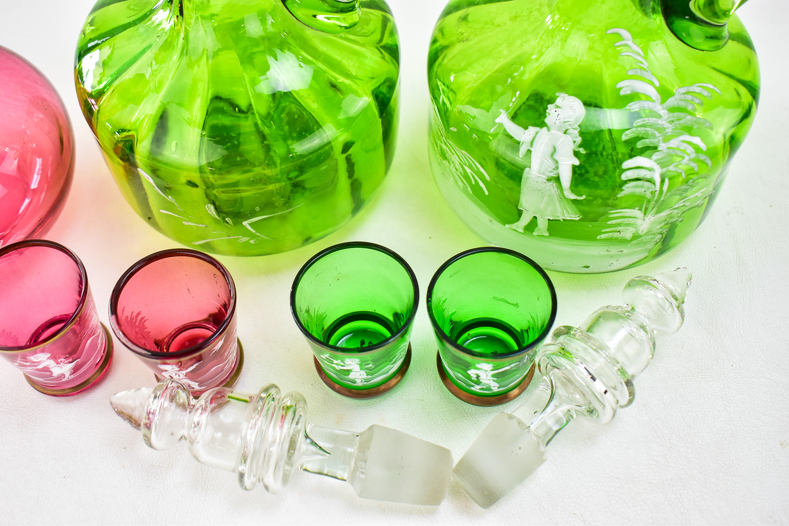 VICTORIAN MARY GREGORY STYLE DECANTERS AND SHOT GLASSES