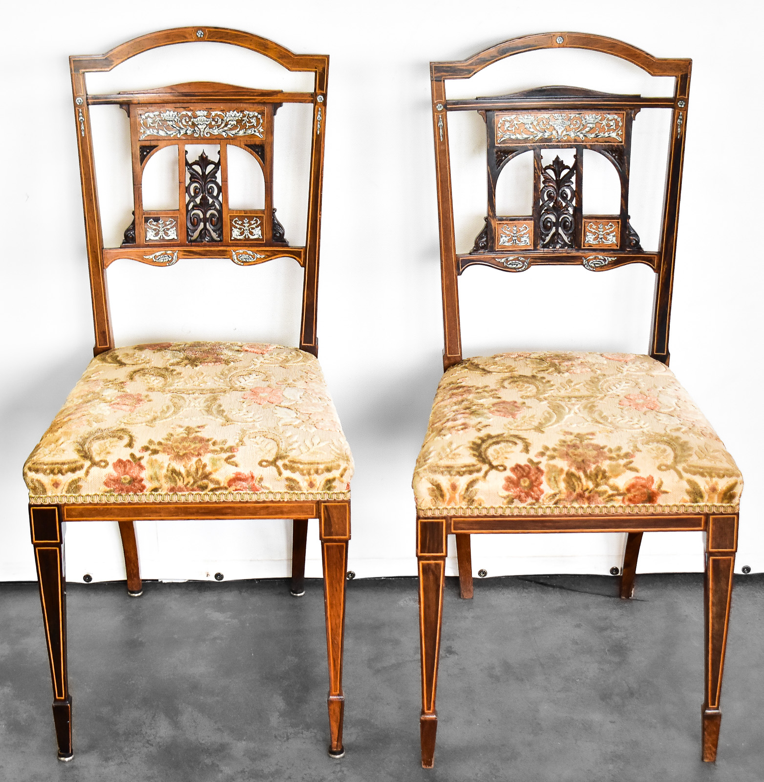 EDWARDIAN MARQUETRY INLAID PARLOR CHAIR PAIR
