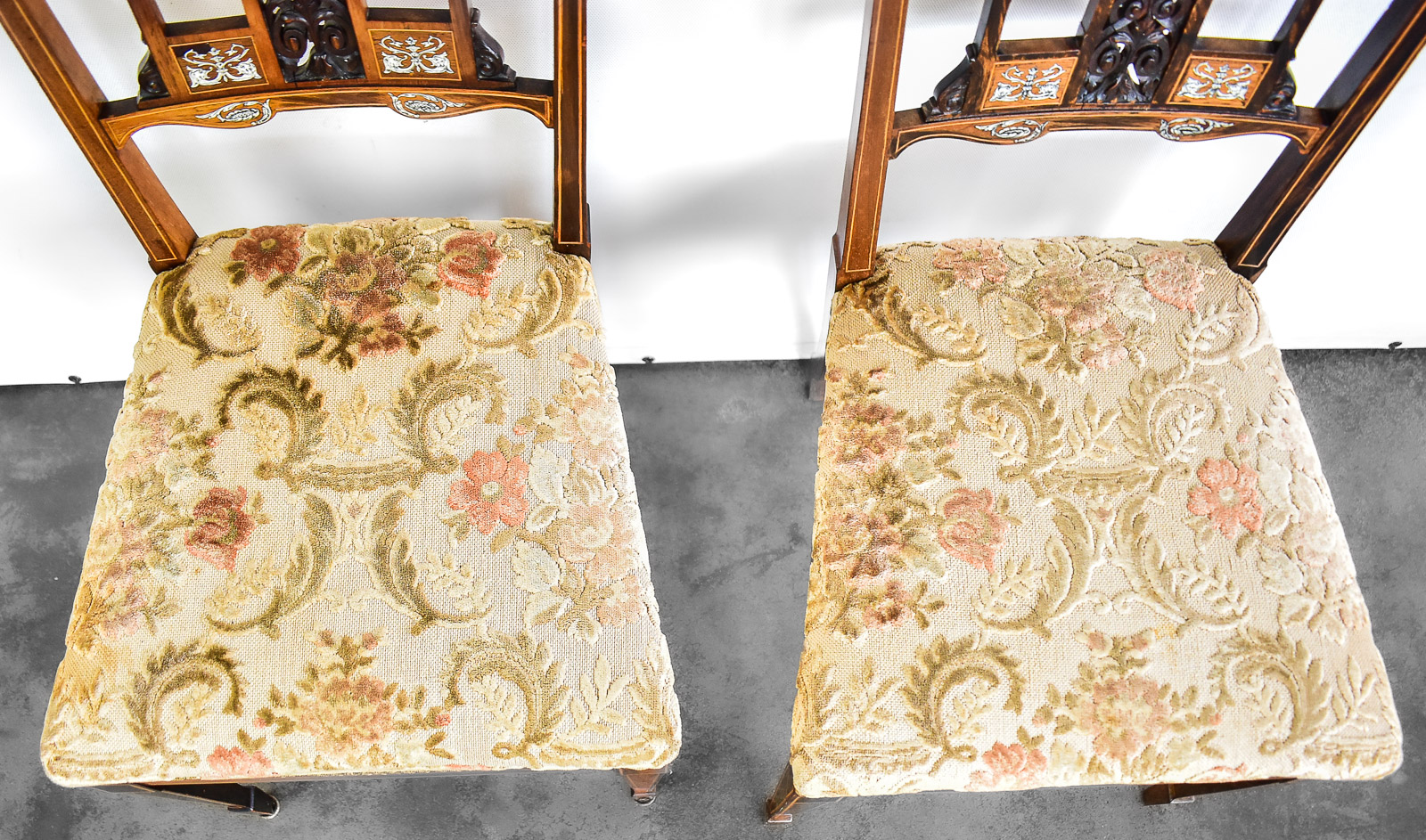 EDWARDIAN MARQUETRY INLAID PARLOR CHAIR PAIR