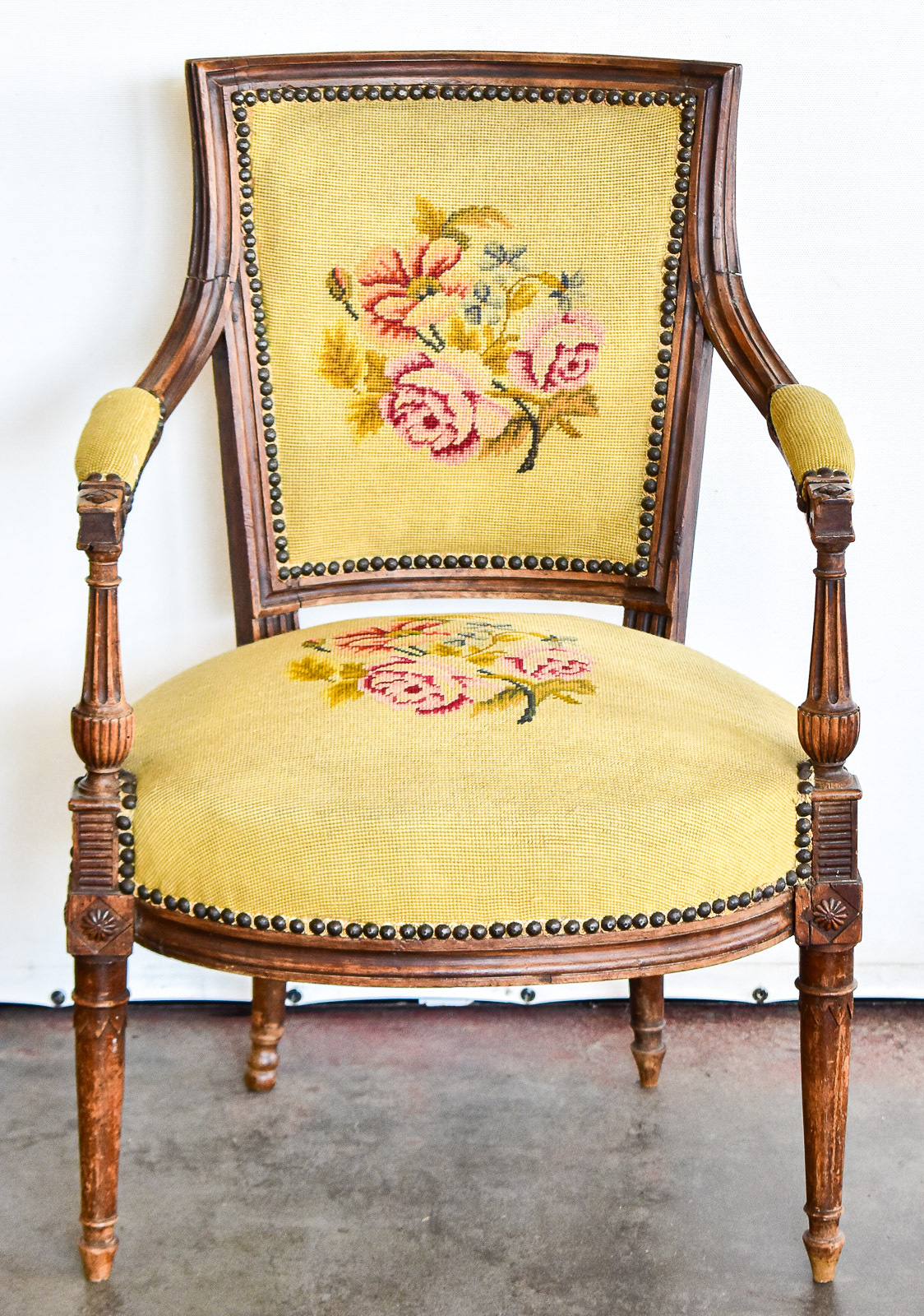FRENCH DIRECTOIRE REVIVAL NEEDLEPOINT FAUTEUIL