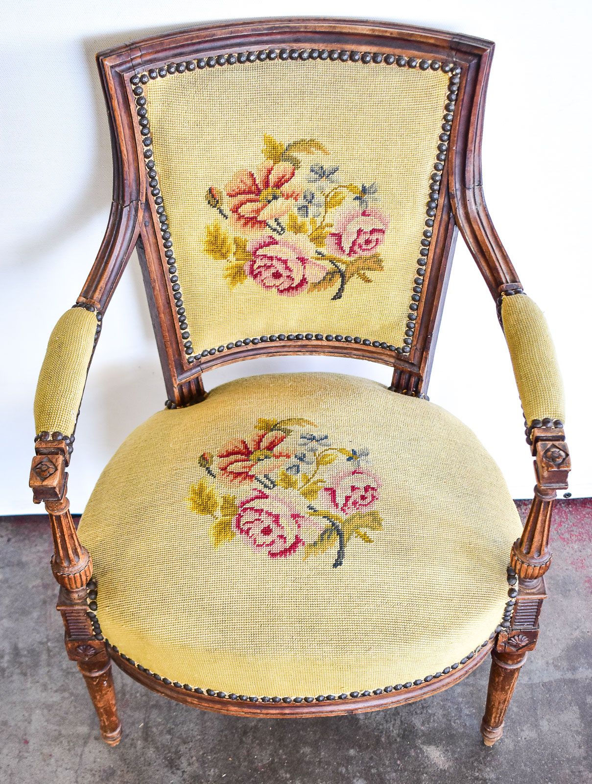 FRENCH DIRECTOIRE REVIVAL NEEDLEPOINT FAUTEUIL