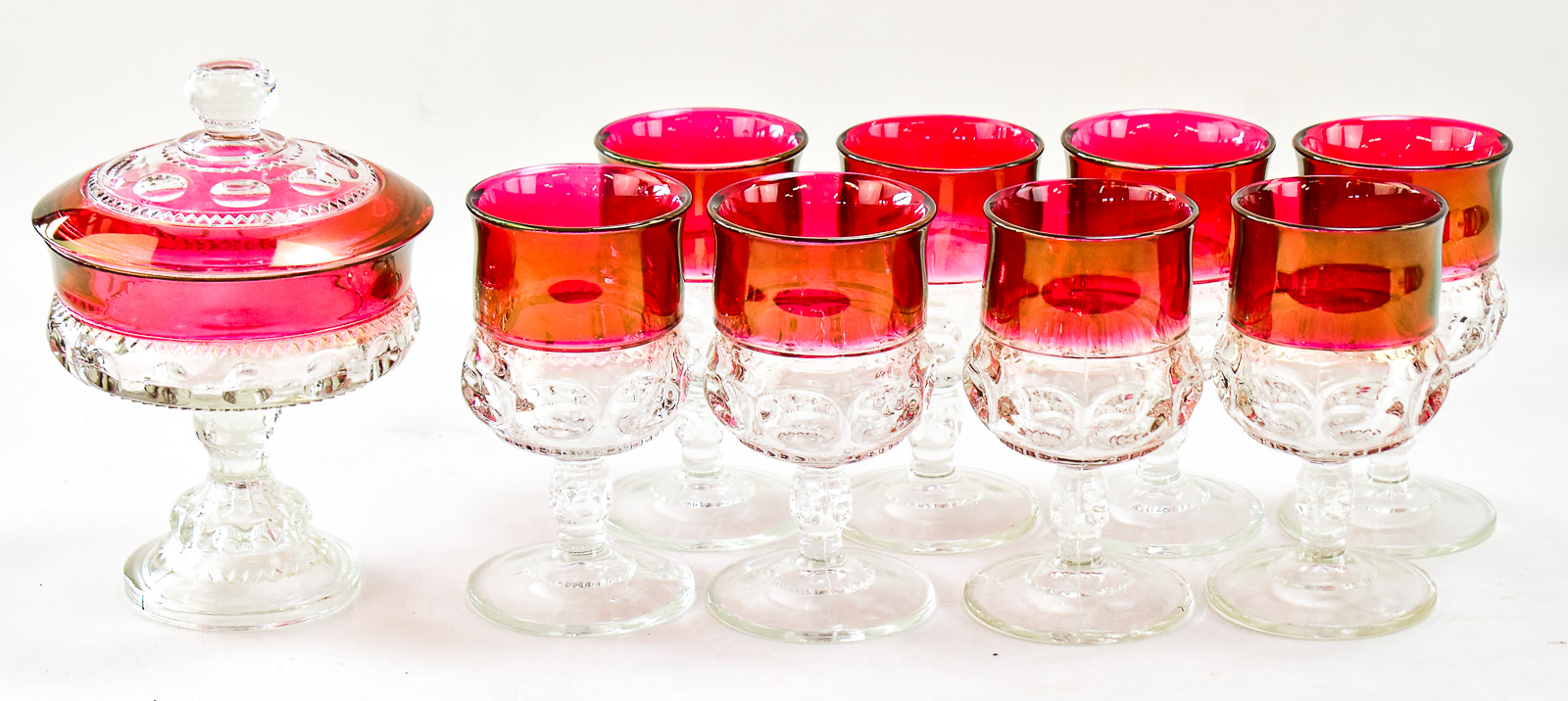 TIFFIN "KING'S CROWN" GOBLETS & CANDY DISH