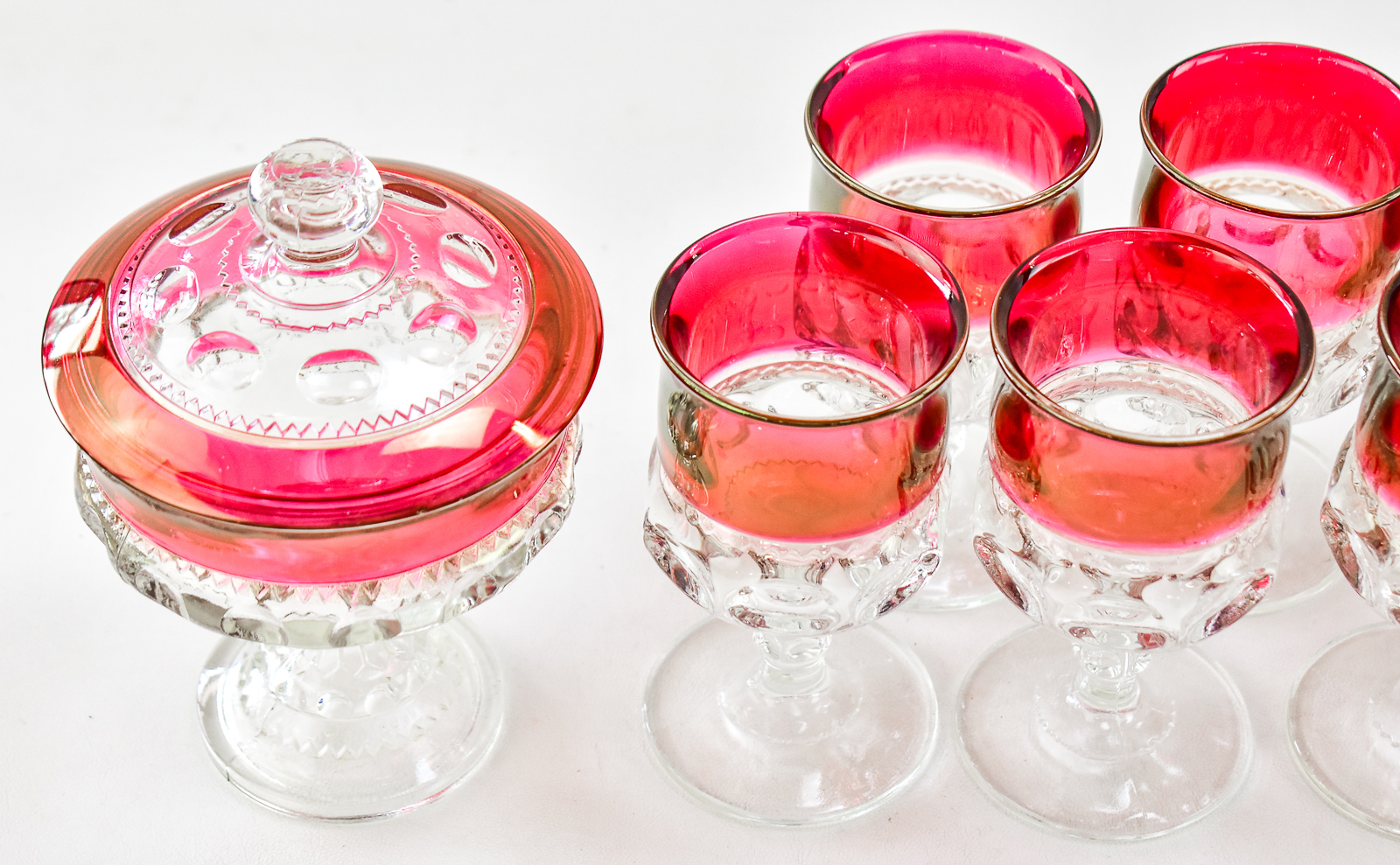 TIFFIN "KING'S CROWN" GOBLETS & CANDY DISH
