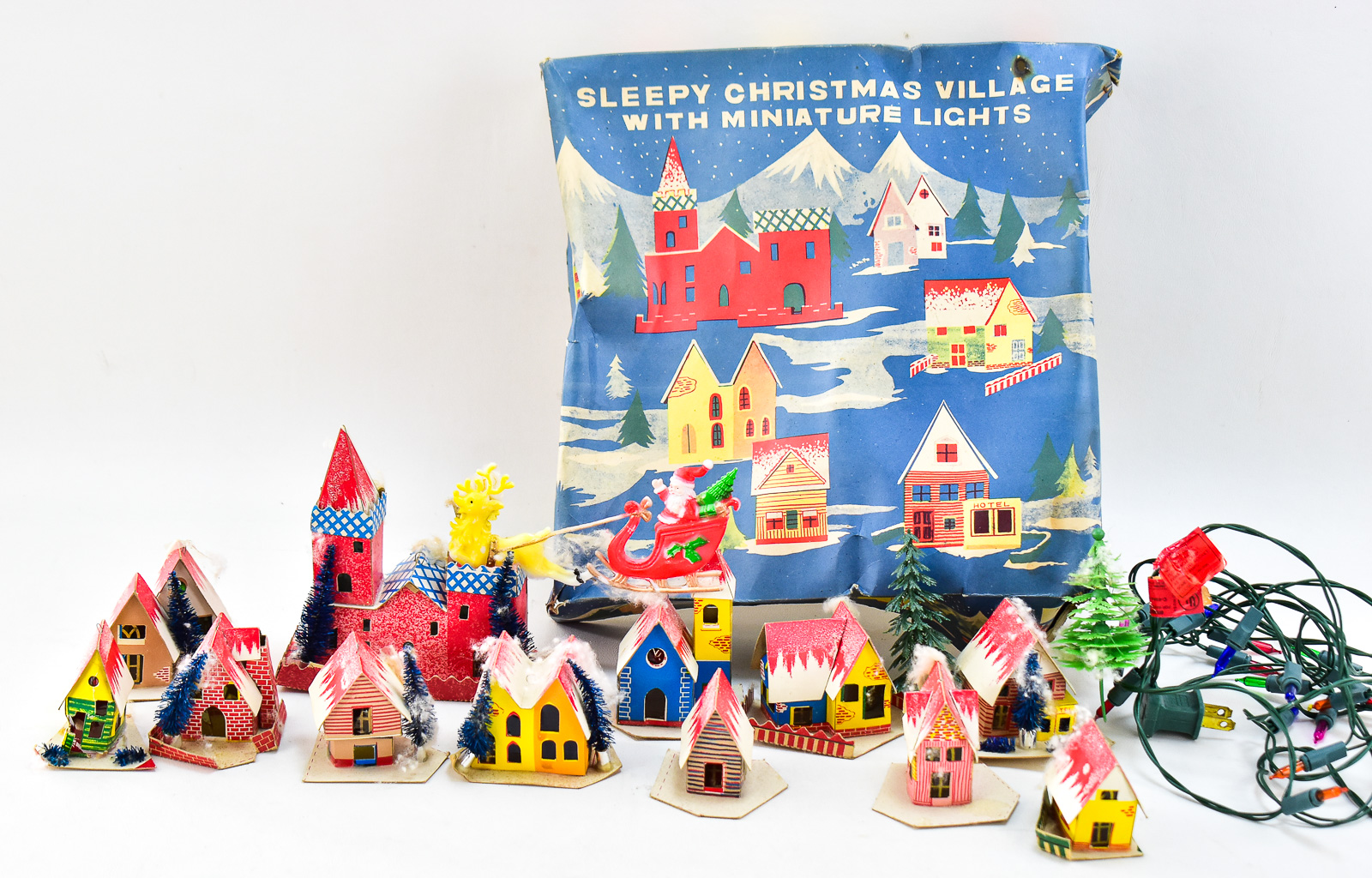 MID-CENTURY SLEEPY CHRISTMAS VILLAGE WITH PUTZ HOUSES & LIGHTS