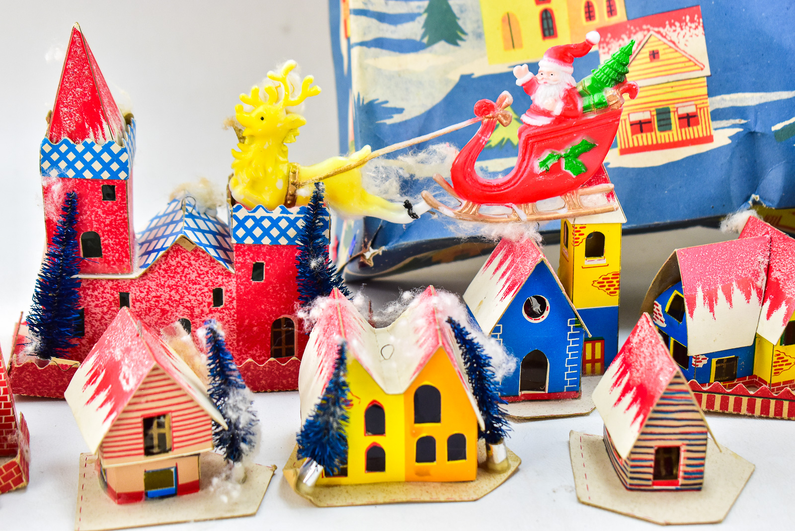 MID-CENTURY SLEEPY CHRISTMAS VILLAGE WITH PUTZ HOUSES & LIGHTS