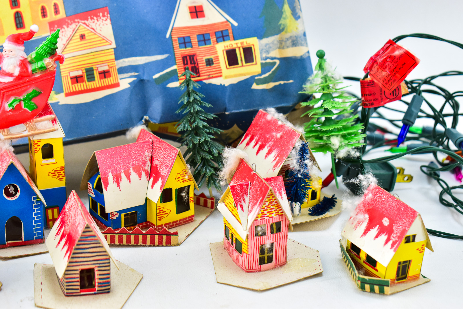 MID-CENTURY SLEEPY CHRISTMAS VILLAGE WITH PUTZ HOUSES & LIGHTS