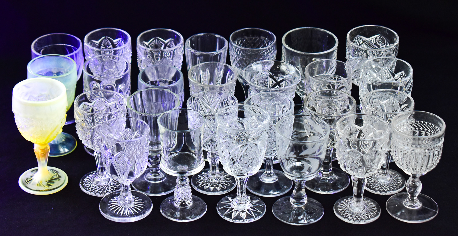 COLLECTION OF WINE/CORDIAL GOBLETS: CADMIUM GLASS, WESTMORELAND, IMPERIAL, EAPG