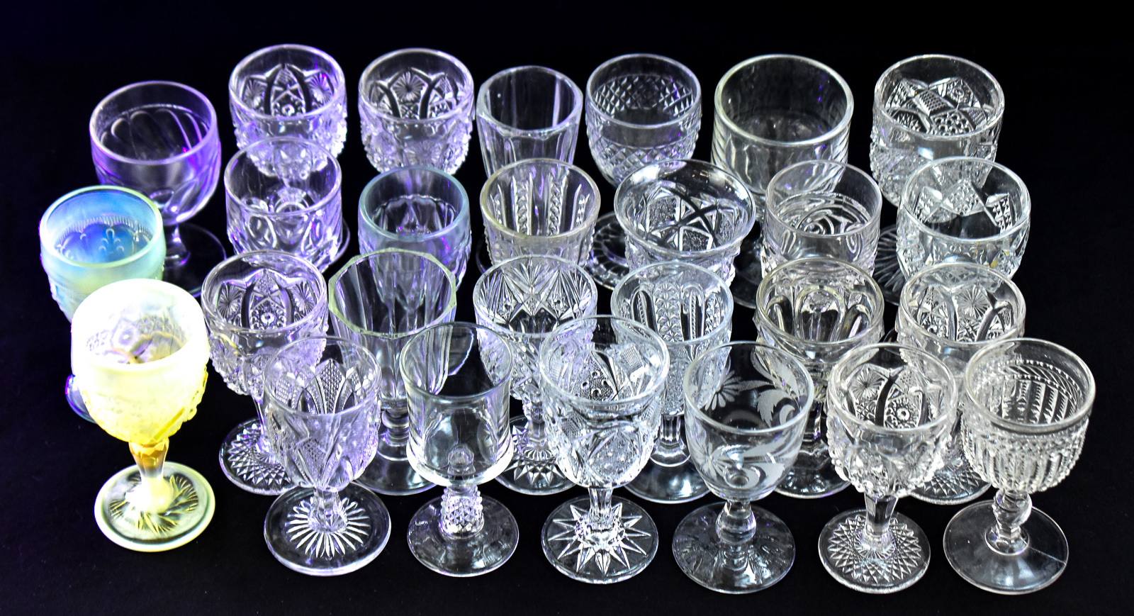 COLLECTION OF WINE/CORDIAL GOBLETS: CADMIUM GLASS, WESTMORELAND, IMPERIAL, EAPG