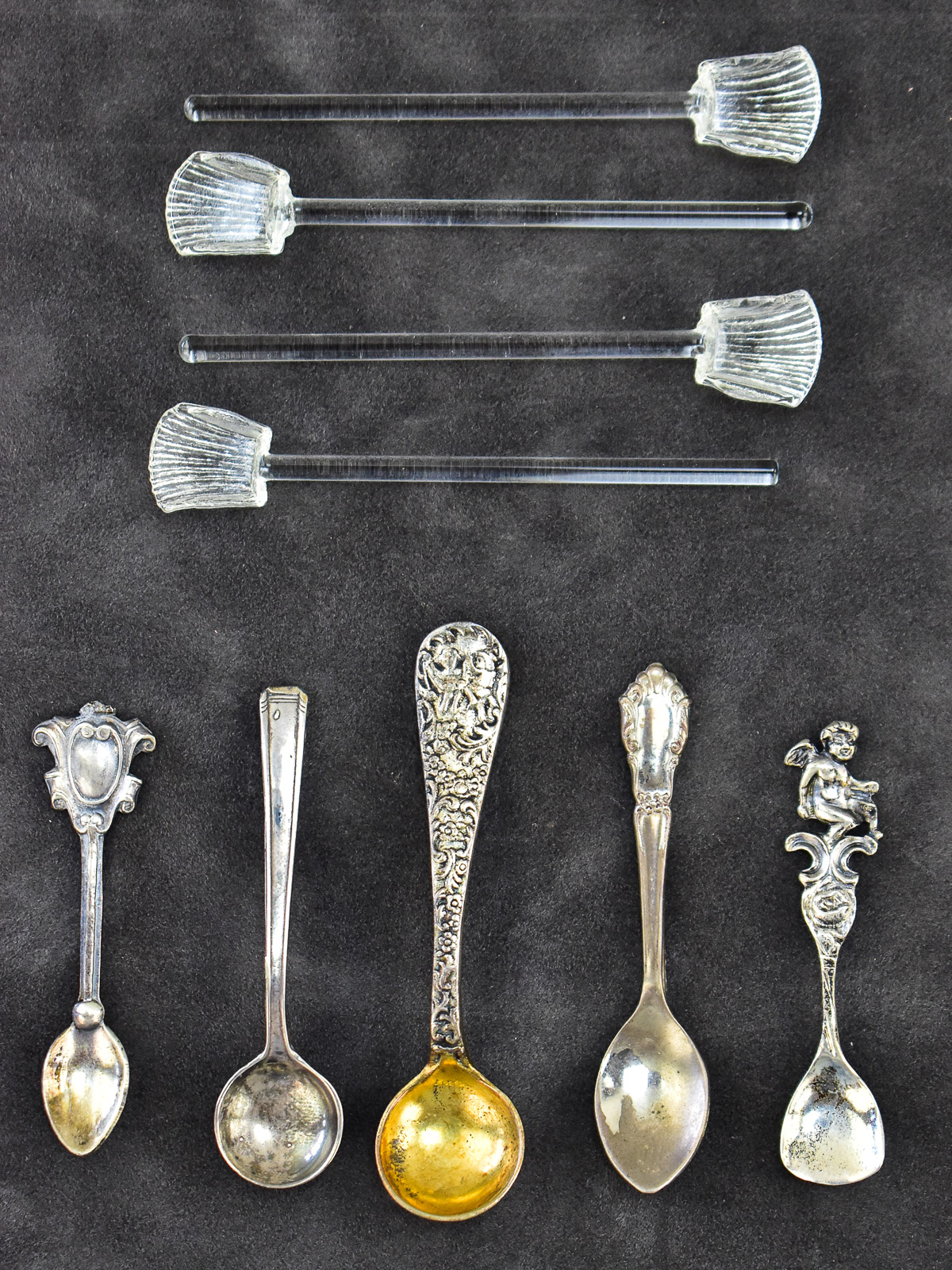 SALT SPOON ASSORMENT; STERLING & GLASS