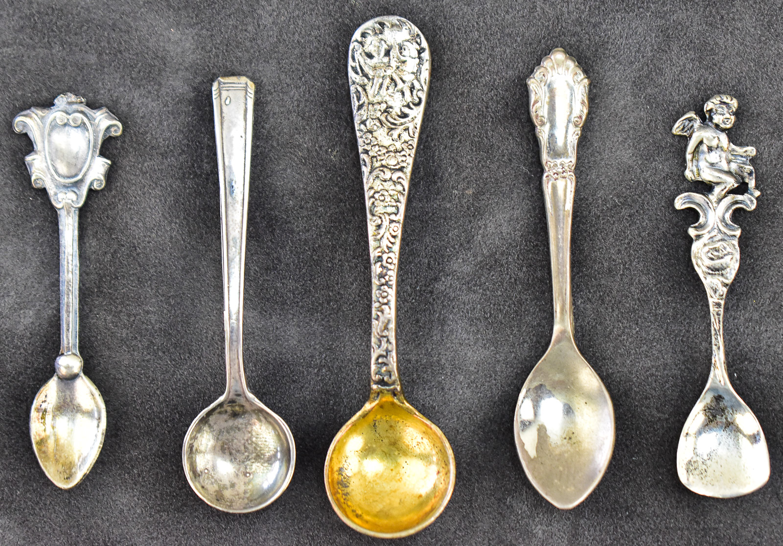 SALT SPOON ASSORMENT; STERLING & GLASS