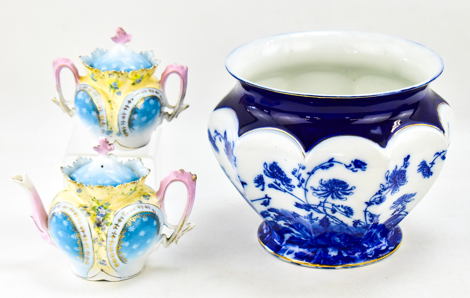 VICTORIAN JARDINIERE, HAND-PAINTED TEAPOT & SUGAR BOWL