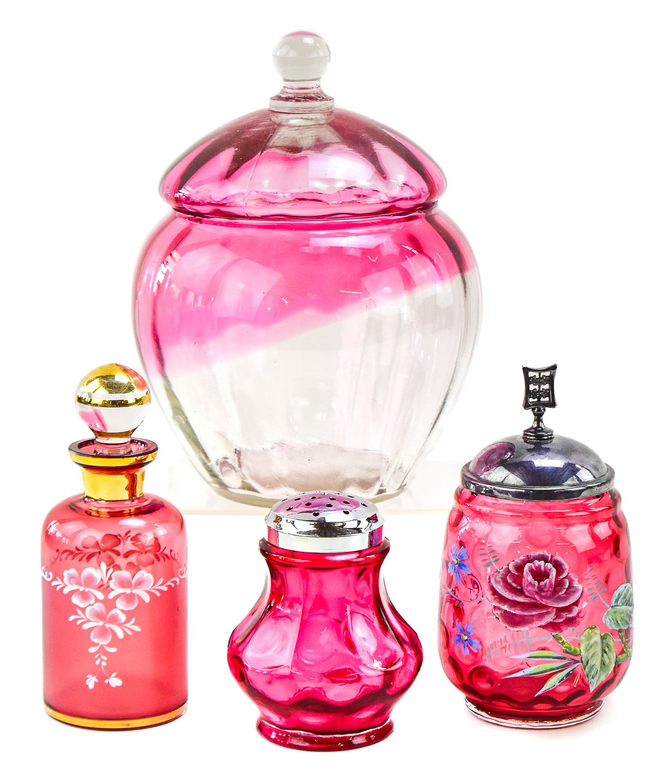 CRANBERRY GLASS ASSORTMENT: PILGRIM GLASS COOKIE JAR, PERFUME BOTTLE