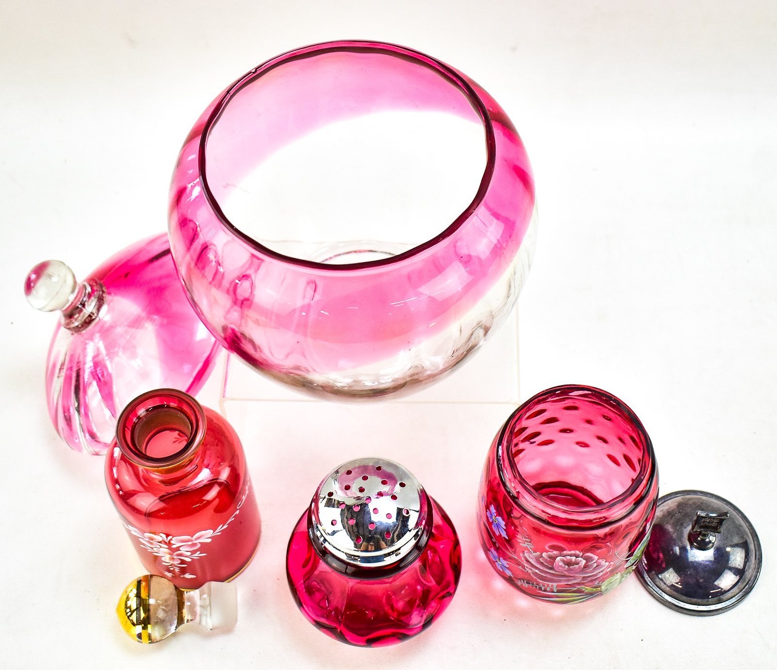 CRANBERRY GLASS ASSORTMENT: PILGRIM GLASS COOKIE JAR, PERFUME BOTTLE