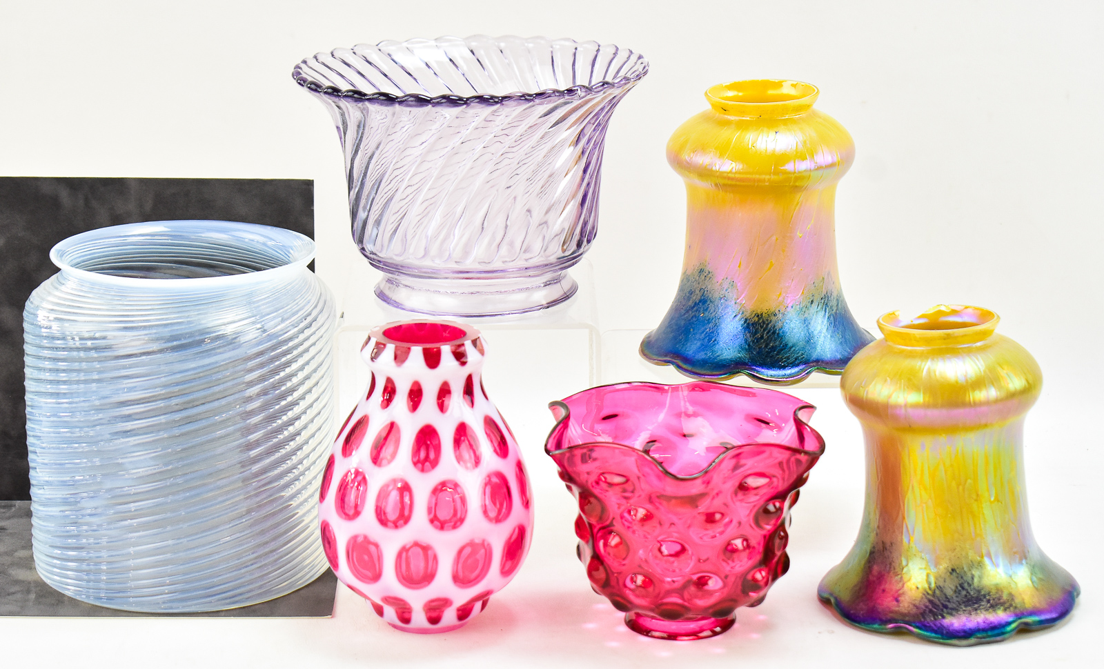 ASSORTMENT OF SIX GLASS LAMPSHADES: FENTON. ART NOUVEAU