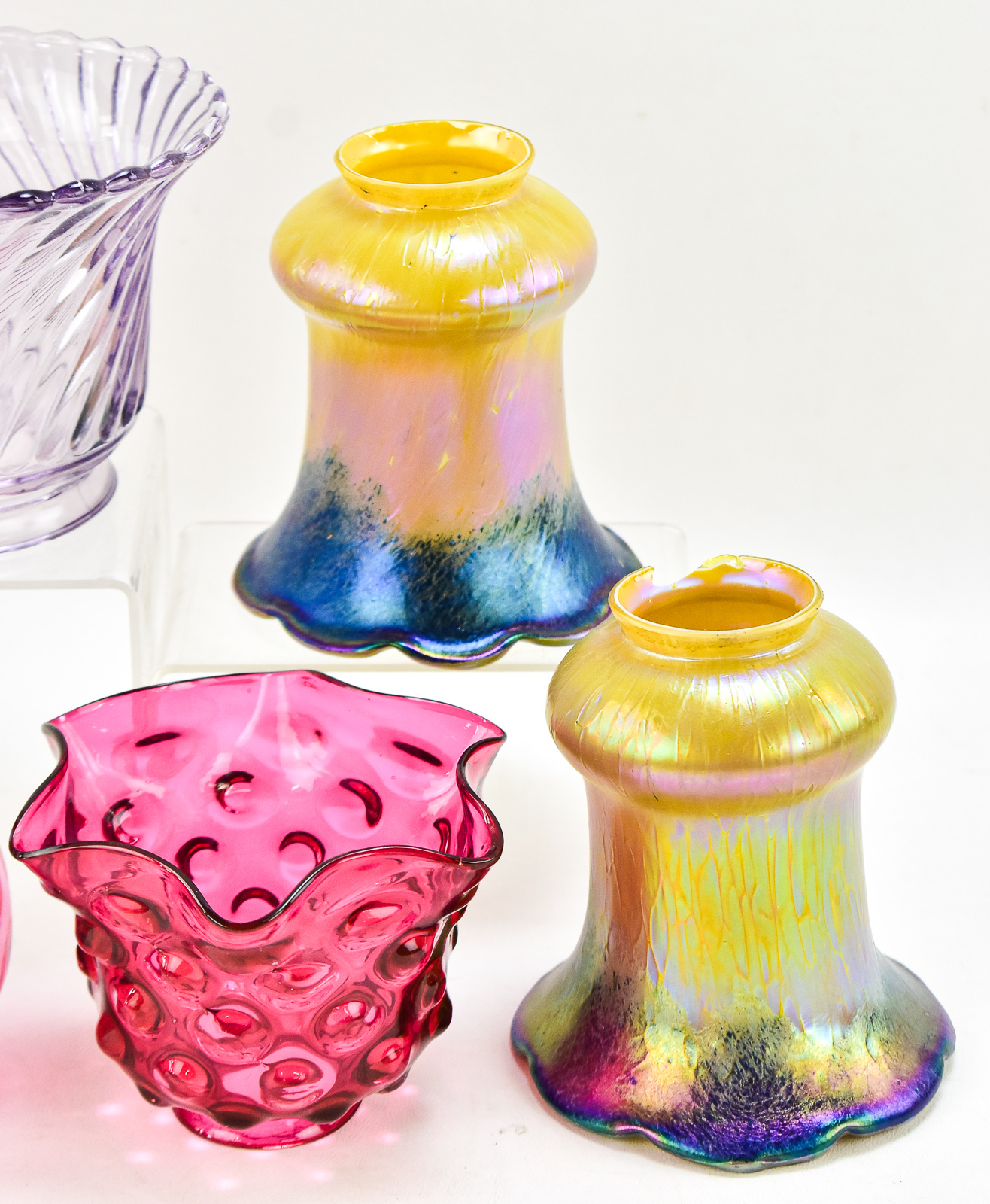 ASSORTMENT OF SIX GLASS LAMPSHADES: FENTON. ART NOUVEAU