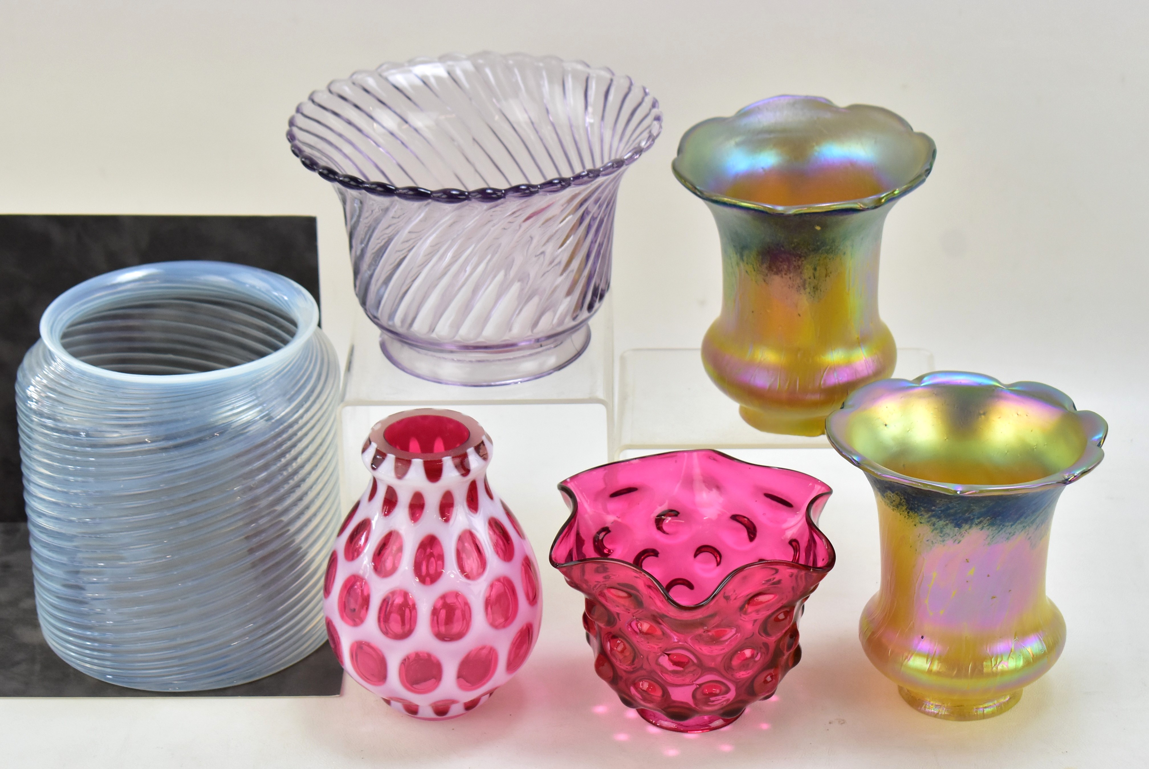 ASSORTMENT OF SIX GLASS LAMPSHADES: FENTON. ART NOUVEAU