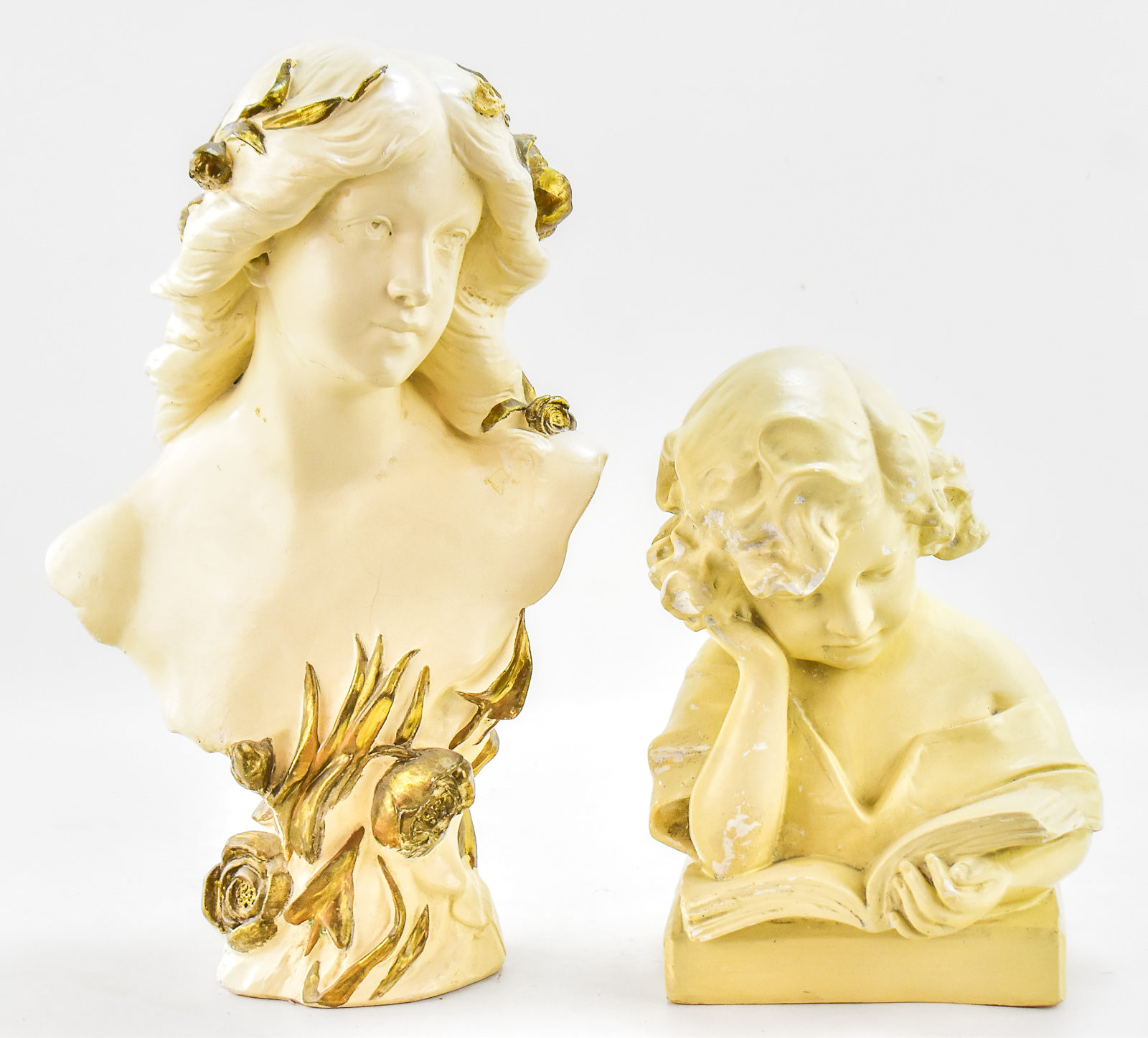 PAINTED PLASTER SCULPTURES, "GIRL READING A BOOK" & "FLORA"