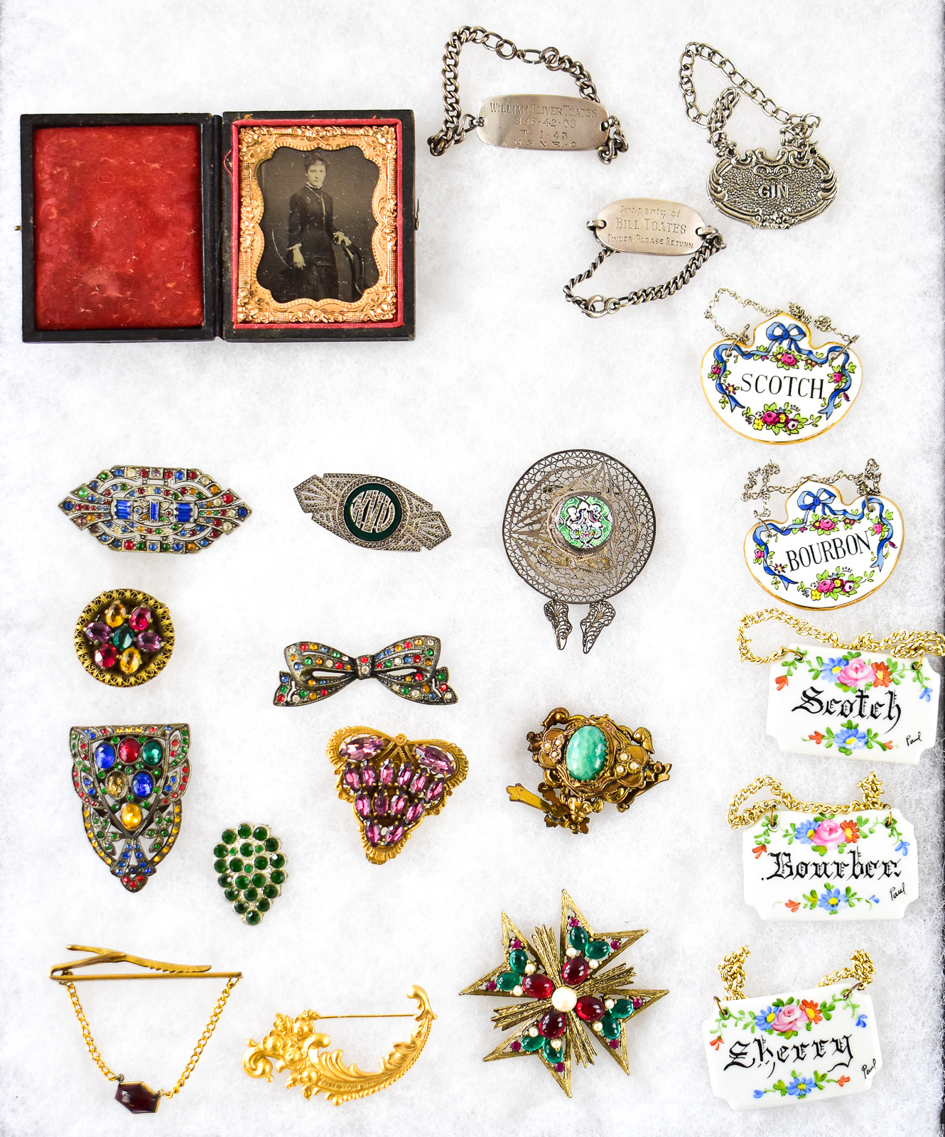 Antique Decor Assortment: Tin-Type, Decanter Labels, Stelring Silver, Jewelry