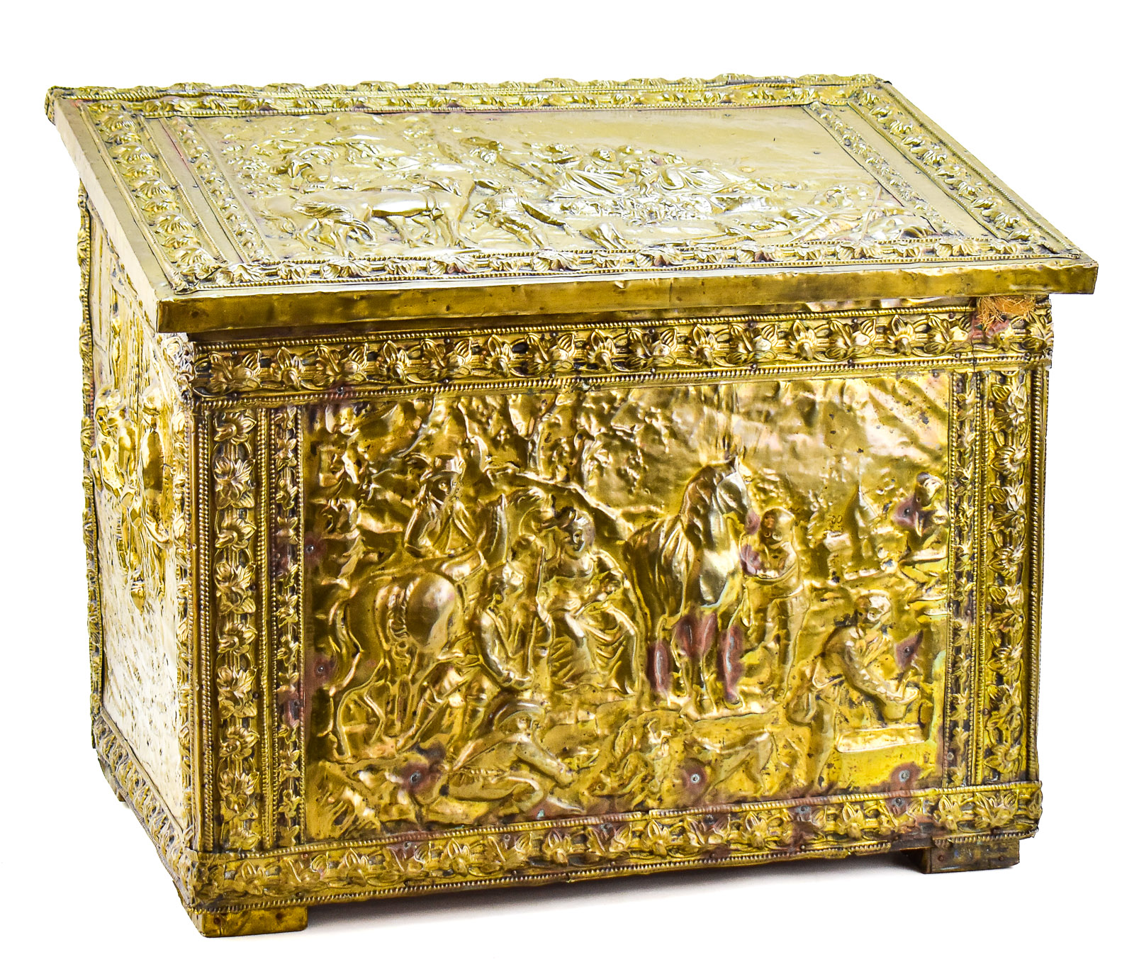 EMBOSSED BRASS FIREPLACE KINDLING BOX