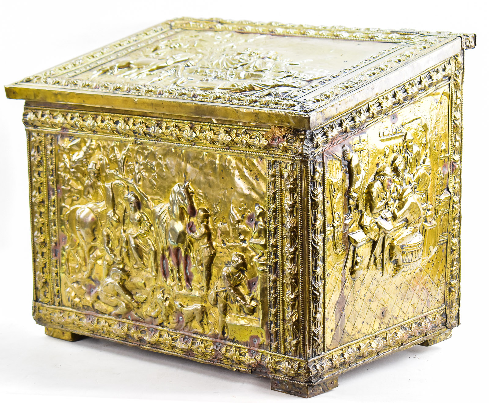 EMBOSSED BRASS FIREPLACE KINDLING BOX