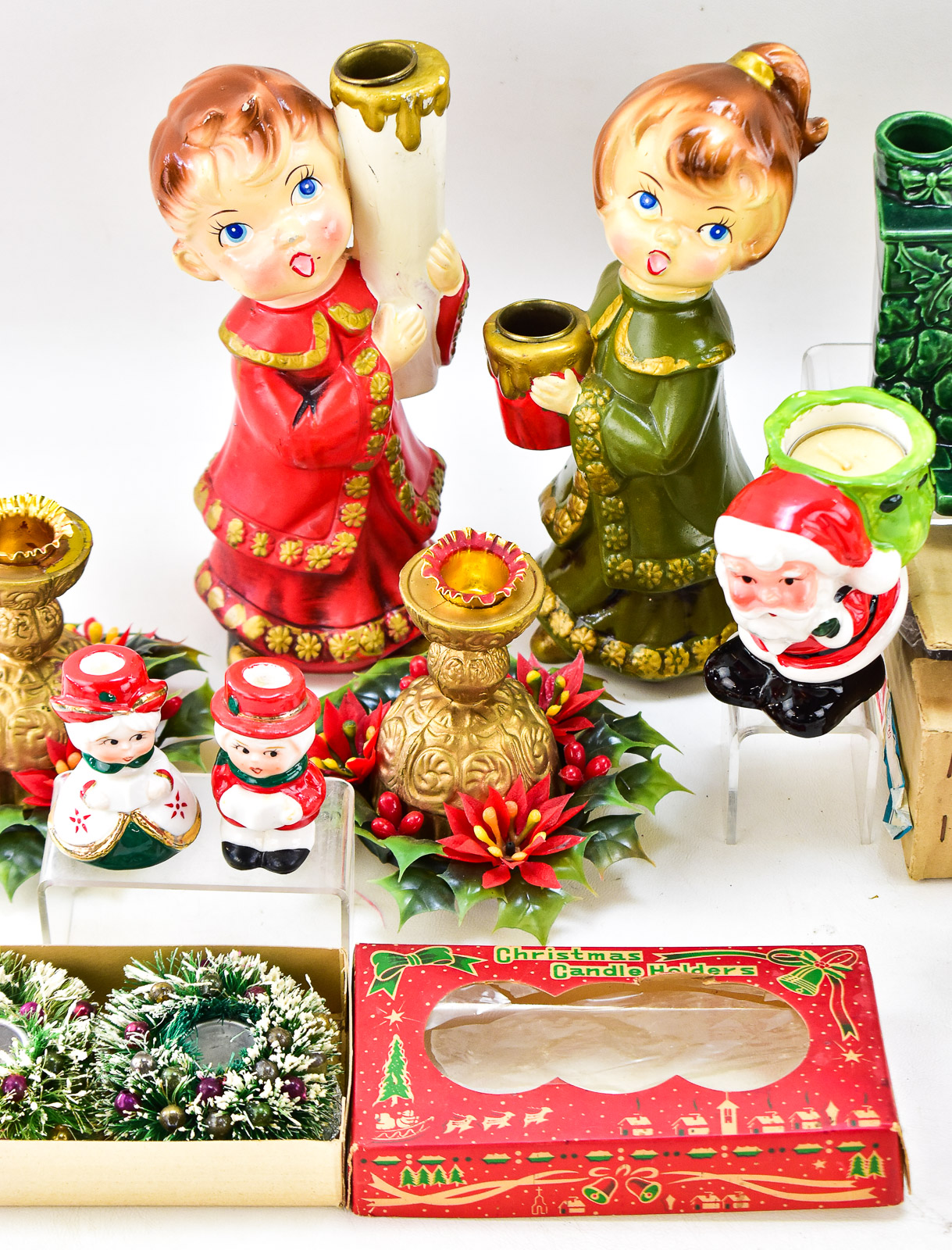 ASSORTMENT OF CHRISTMAS CANDLE HOLDERS: SHINYBRITE, CHERUB CANDLE CLIMBERS