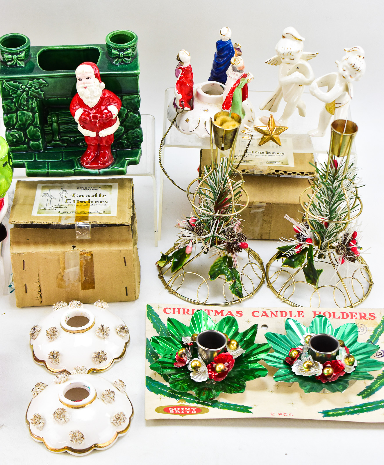 ASSORTMENT OF CHRISTMAS CANDLE HOLDERS: SHINYBRITE, CHERUB CANDLE CLIMBERS