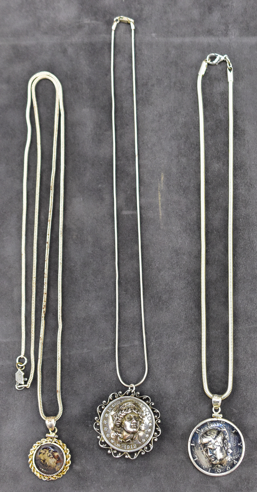 TRIO OF COIN PENDANT NECKLACES; STERLING SILVER