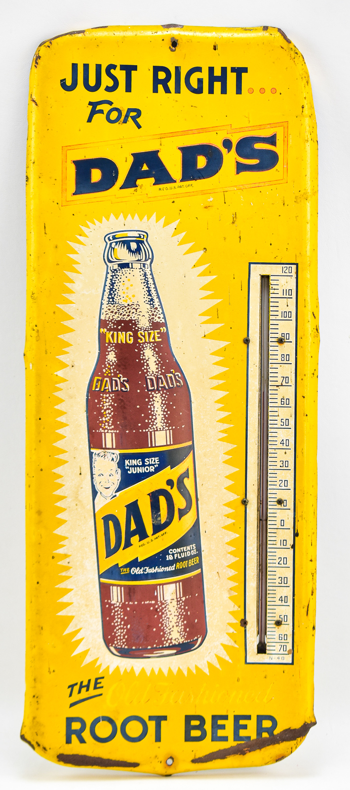 DAD'S ROOT BEER TIN THERMOMETER SIGN