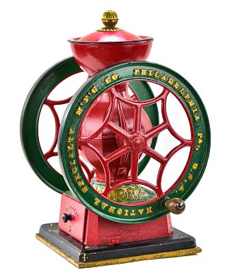 NATIONAL SPECIALTY MANUFACTURING COMPANY DOUBLE WHEEL COFFEE GRINDER. This cast iron coffee 