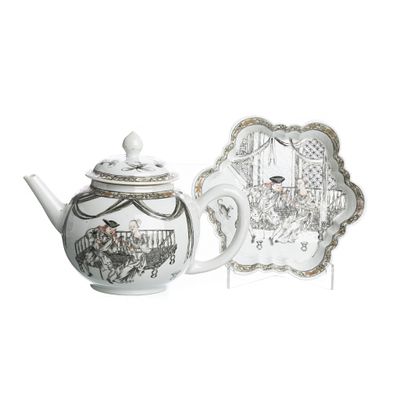 Grisaille Teapot with Presentoir 'Galant Scene', Qianlong. China, Qianlong, export porcelain 
