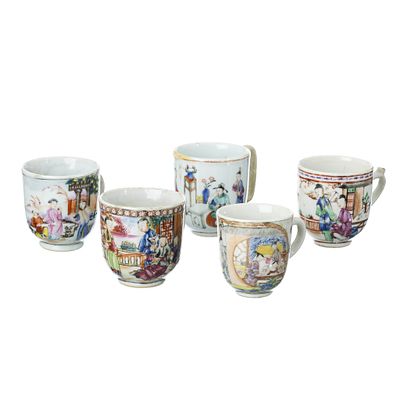 Five mandarin chinese porcelain cups, Qianlong. China, Qianlong, porcelain with polychrome 