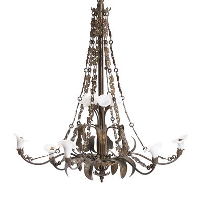 Large Art Nouveau Chandelier. France, c.1900, in lacquered metal and opalescent glass, six-light 