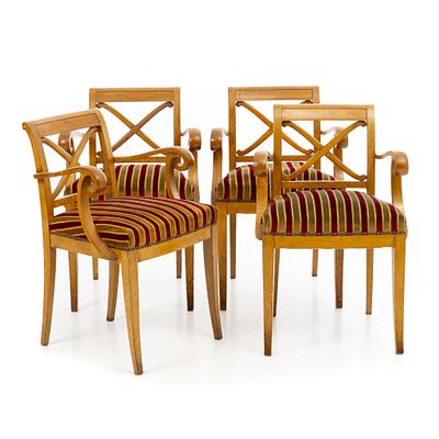 PIERRE LARDIN (1902-1982) - Set of four armchairs. France, c.1940, well carved sycomore, striped 